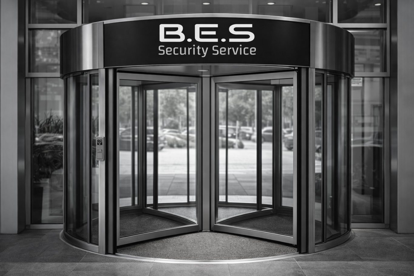 Öffnungs- und Schließdienste Drehtür mit dem Schriftzug "B.E.S. Security Service" im Vordergrund.