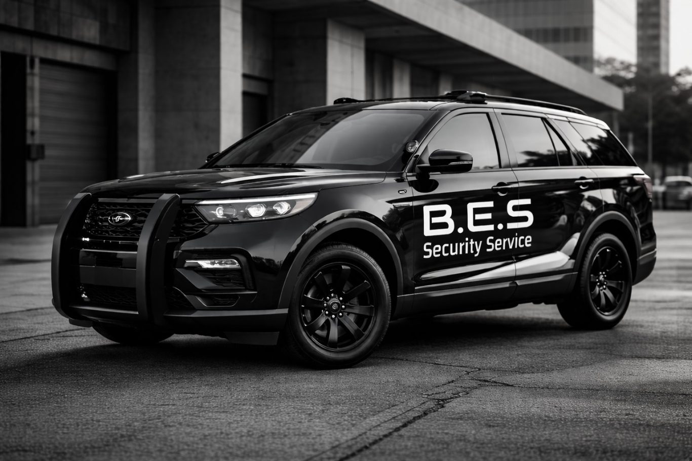 Revierfahrten- und Kontrolldienste Schwarzes Fahrzeug mit „B.E.S. Security Service“-Aufschrift auf der Seite.
