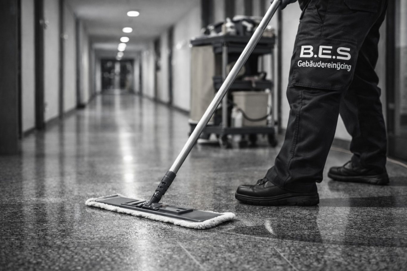 Unterhaltsreinigung Reinigungsmitarbeiter wischt den Boden eines langen, beleuchteten Flurs.