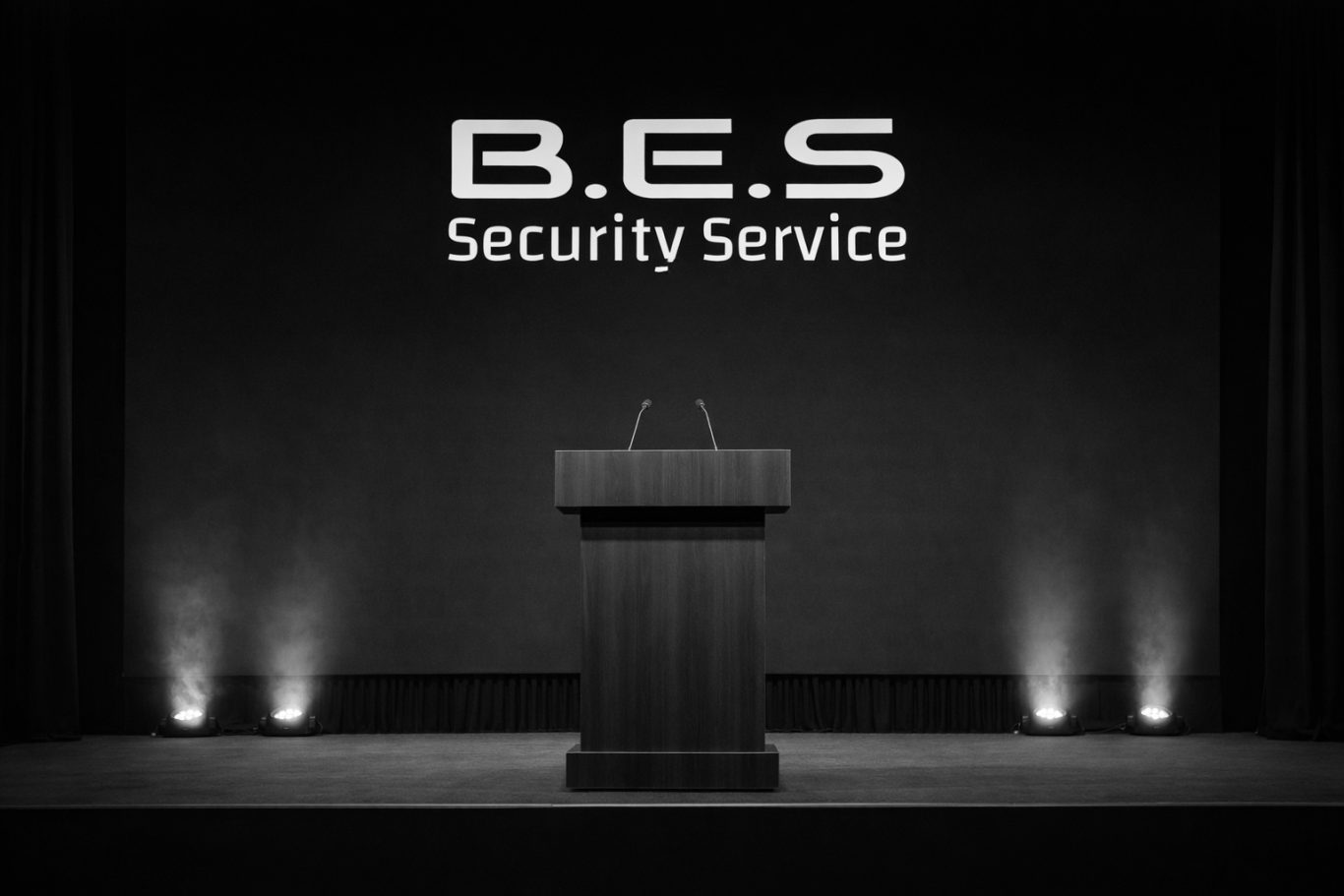 Veranstaltungsschutz Podium mit dem Logo von B.E.S. Security Service vor schwarzem Hintergrund.