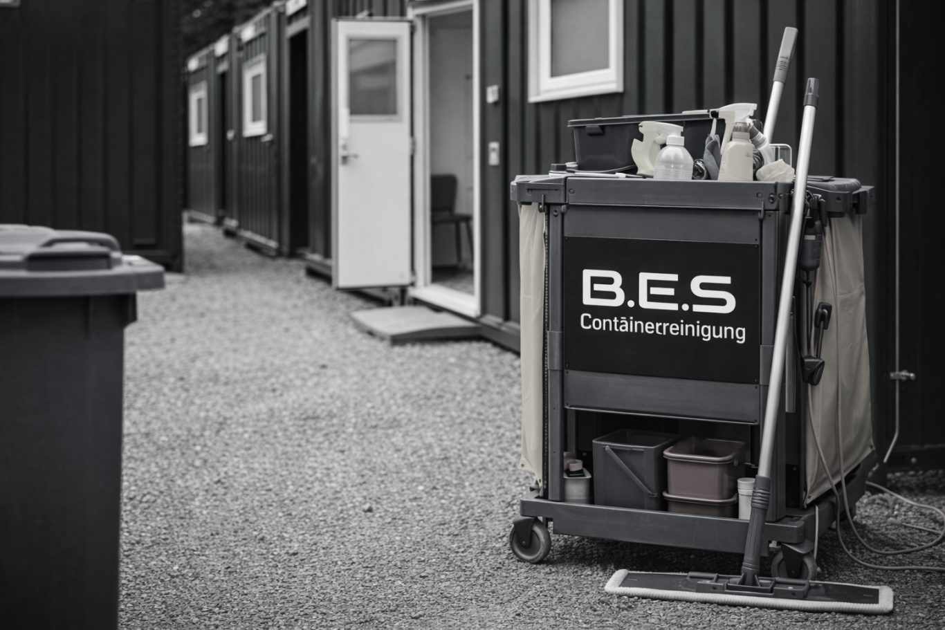 Containerreinigung Reinigungswagen mit Putzmitteln steht auf einem Gehweg vor Containern.