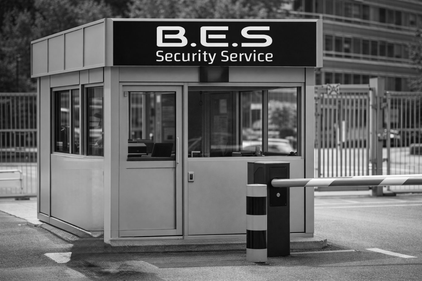 Empfangs- und Pfortendienste Sicherheitsdienst-Häuschen mit "B.E.S."-Schild und Schrankenanlage.